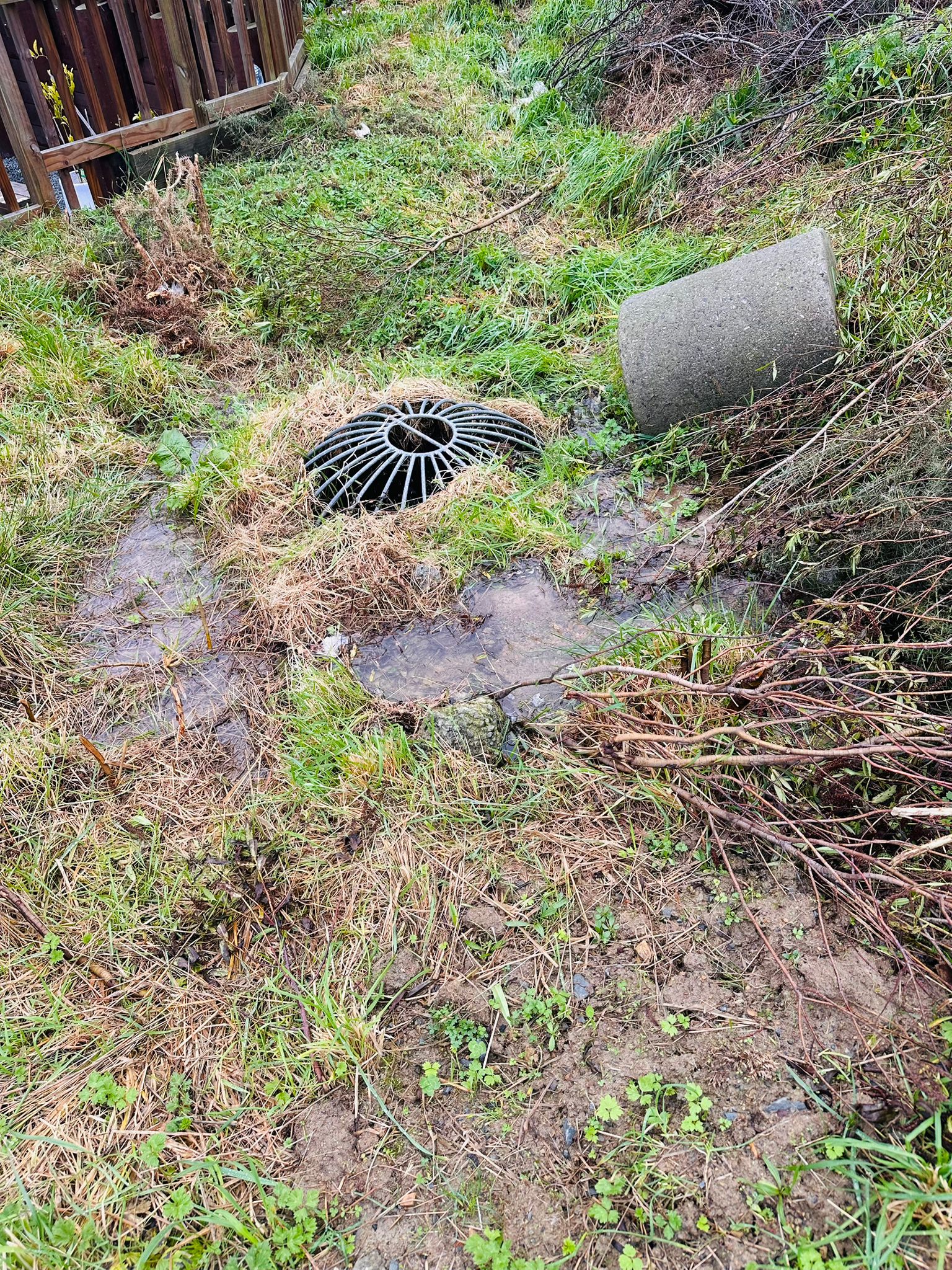 Scruffy dome sump with loose concrete pipe and pooling water